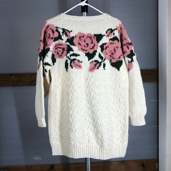 HANDMADE Wool Blend Cream Fisherman Crewneck Cable Knit Sweater Floral Sz M/L/XL - Picture 5 of 6